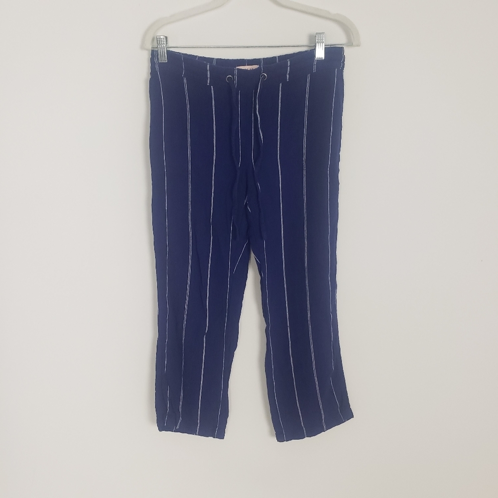 Per Se linen blend pants navy white stripes elastic drawstring crop straight S